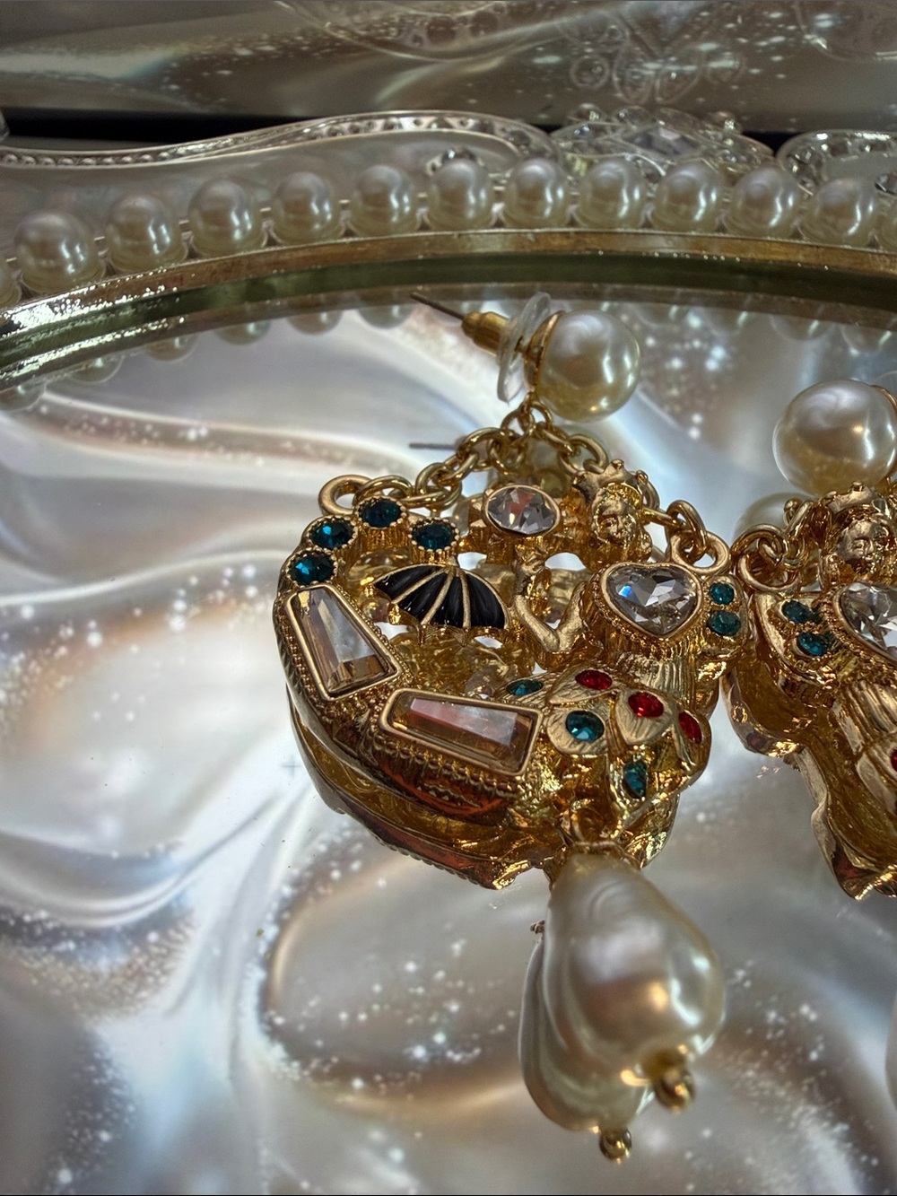 Gold-tone Pearl Drop Mermaid Shape Statement Earrings with Multicolor Accents - Picture 2 of 9